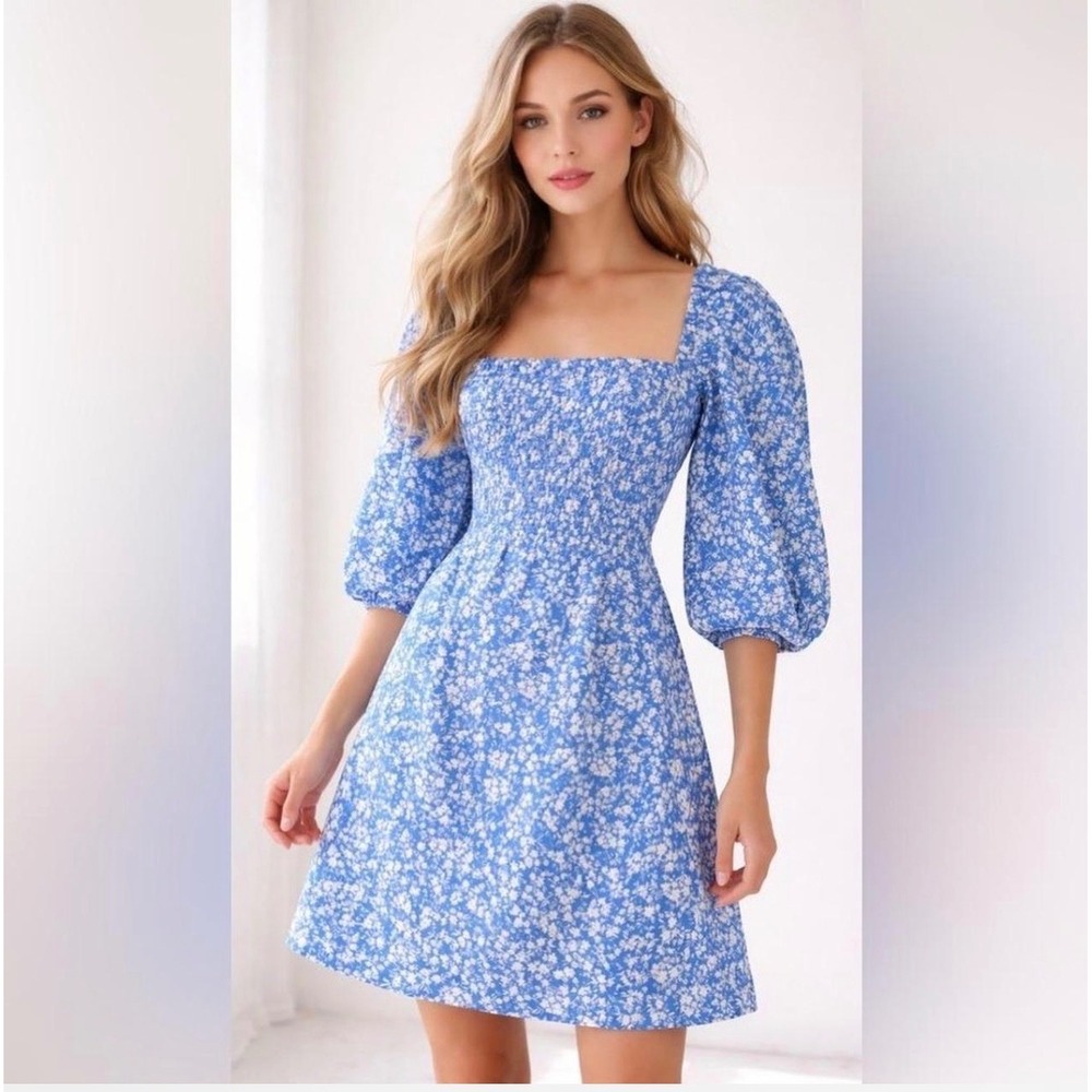 Tuckernuck Smocked Linen Floral Dress L Square Neck Cottage Prairie Puff Sleeves